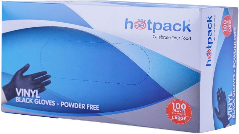 Hotpack Disposable Vinyl Gloves - Black, Large, Powder Free, Non Sterile, Food Safe, 100 Pieces - Image 2